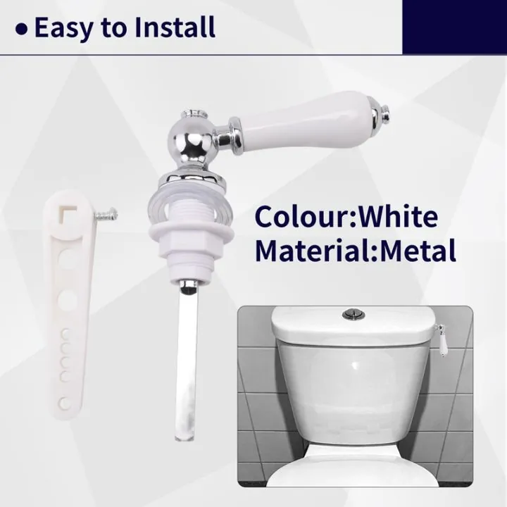 A brushed nickel side-mount flush handle installed on a ceramic toilet tank.