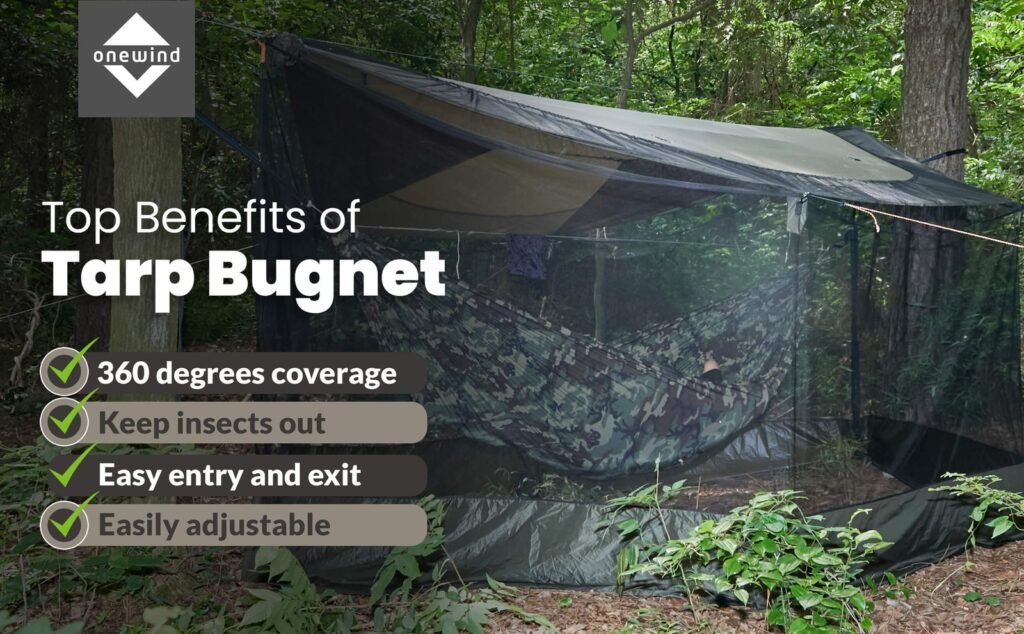 A bug-proof tent with mesh windows in a quiet forest clearing at dawn