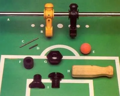 Calipers measuring a foosball rod next to bearings and handles.
