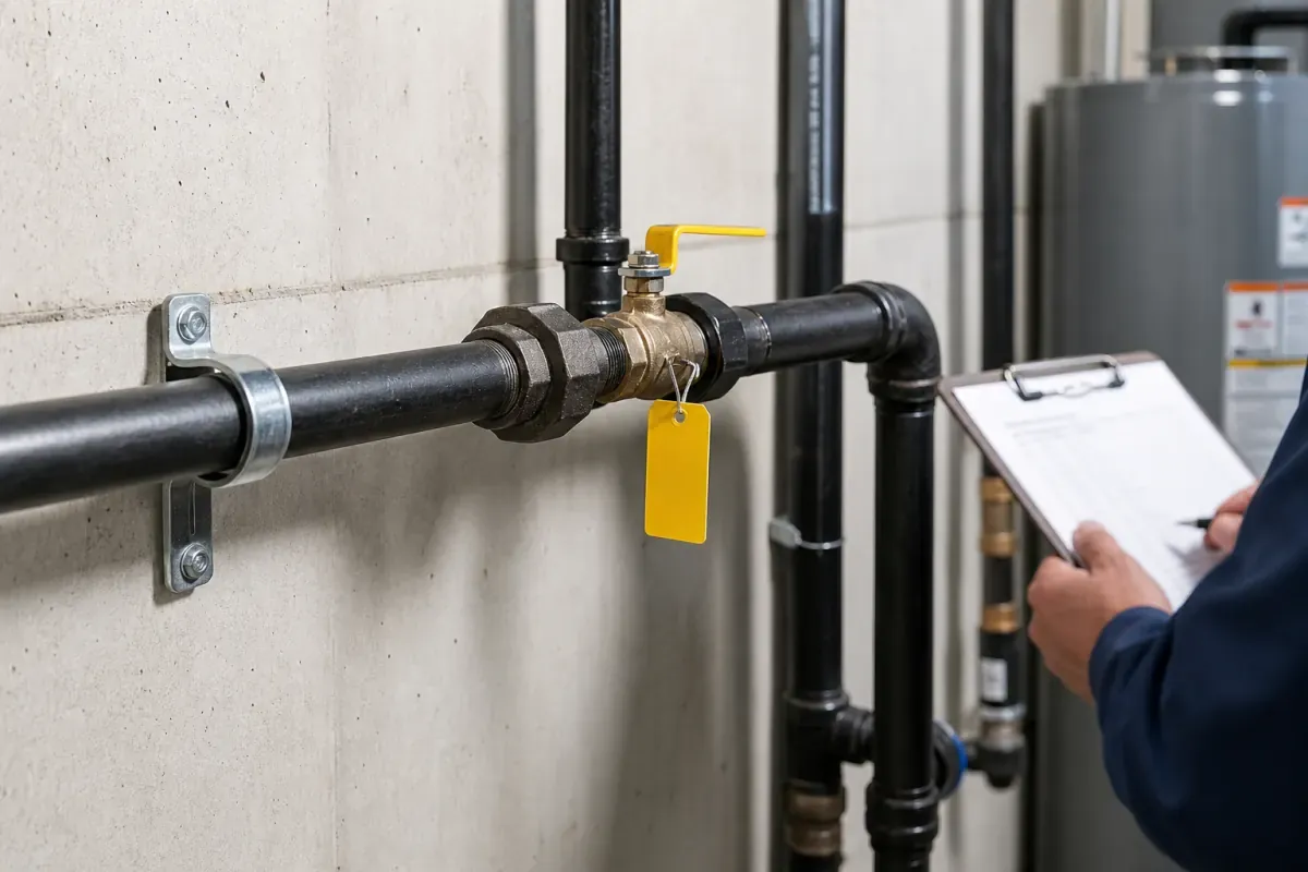 Checking a pressure test gauge for gas line safety and proper connections.