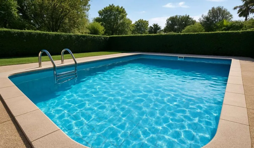 Chlorine reducer bottle beside baking soda near sunny pool.