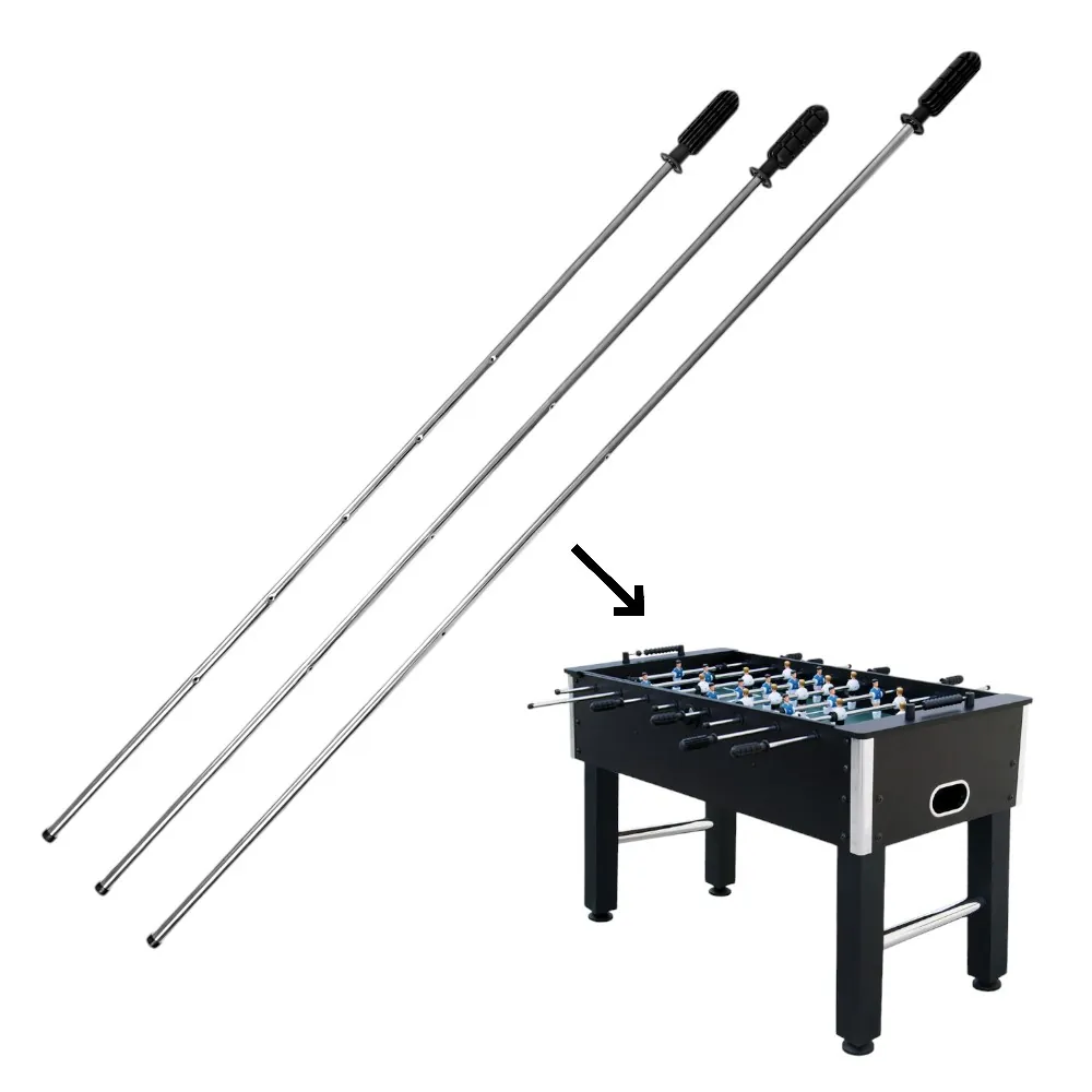 Chrome and stainless steel foosball rods displayed side by side on slate.