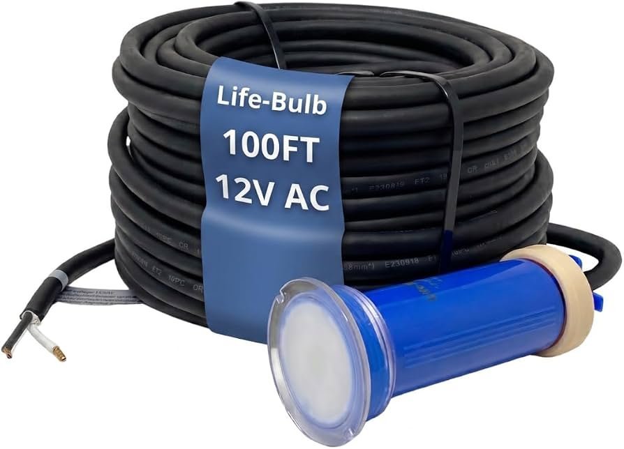 Classic Pentair Globrite pool light fixture on a deck near water.