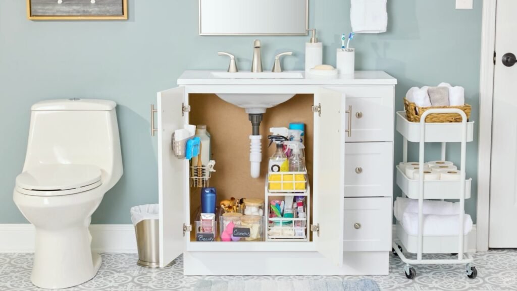 A clean and organized modern bathroom vanity featuring various storage solutions for daily toiletries.