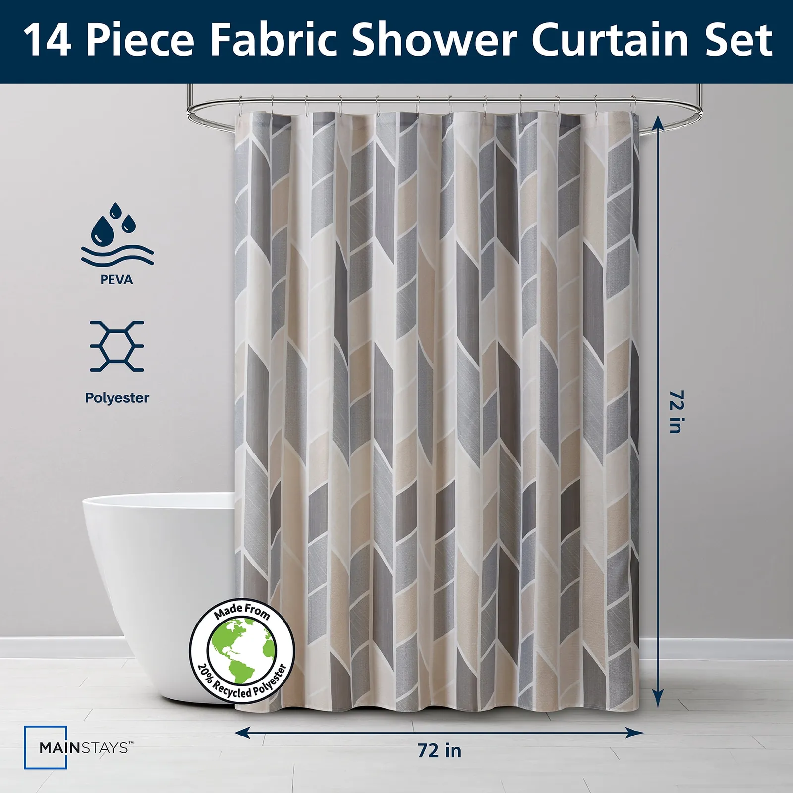 A clean, ventilated shower area featuring a well maintained shower curtain liner.