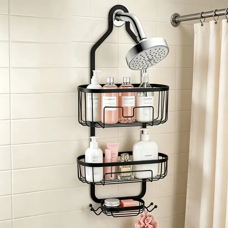 Clean and well-maintained shower storage shelf in a modern bathroom.