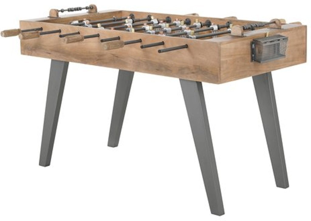Clean wooden foosball table with metal rods and practice ball