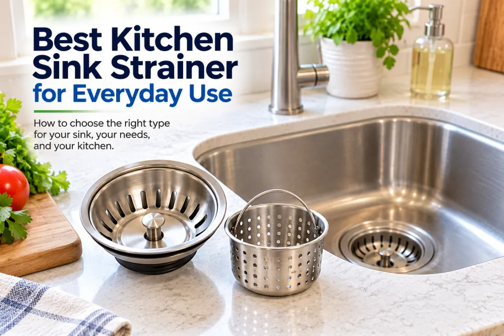 Cleaning food debris from a stainless steel kitchen sink strainer basket.