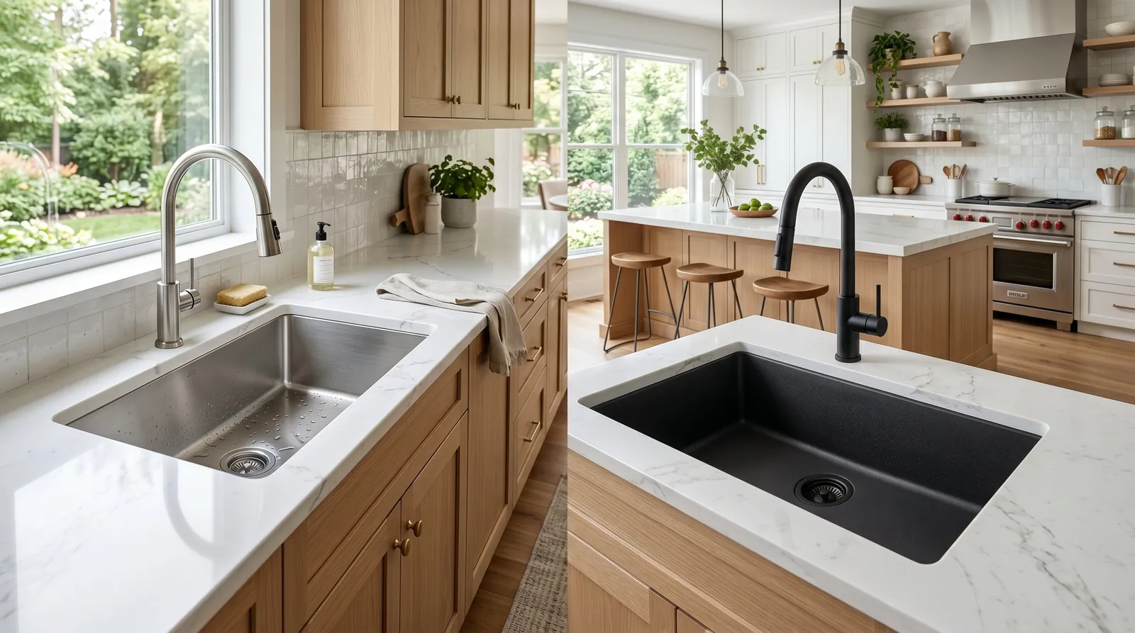 Cleaning a stainless steel kitchen sink beside a granite composite basin.