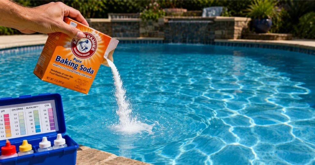 Clear pool water beside baking soda box under natural sunlight.