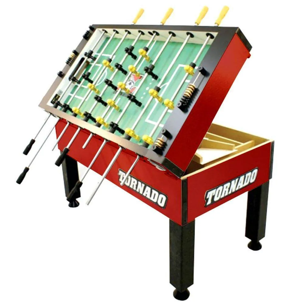 Close-up of budget Tornado foosball table rods and figures