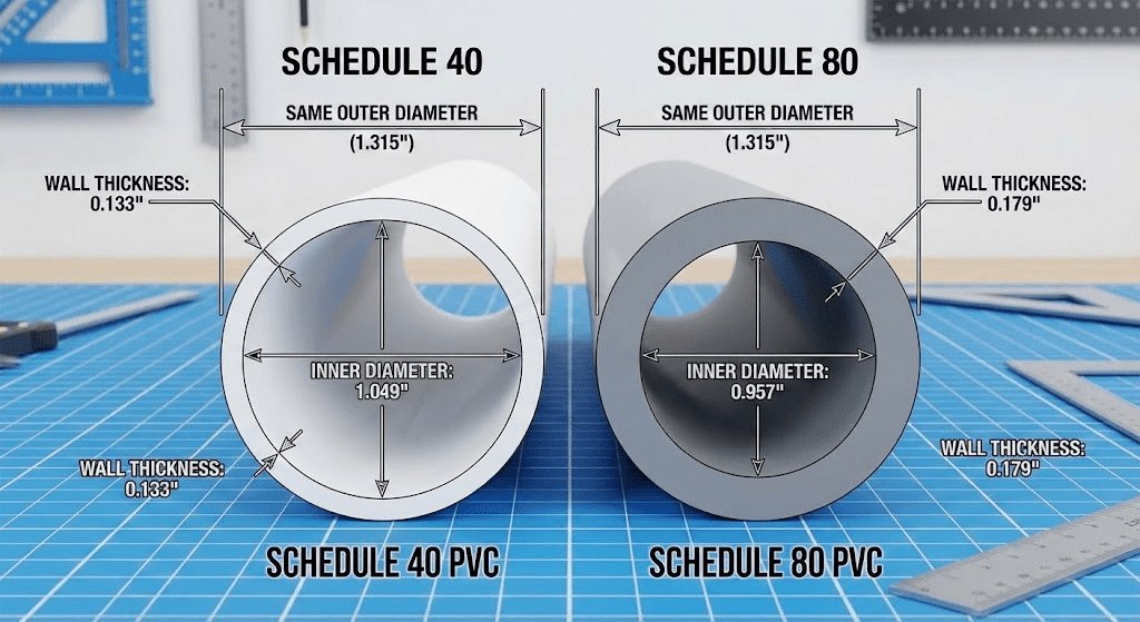 A close-up comparison of white Schedule 40 and grey Schedule 80 PVC pipe ends.