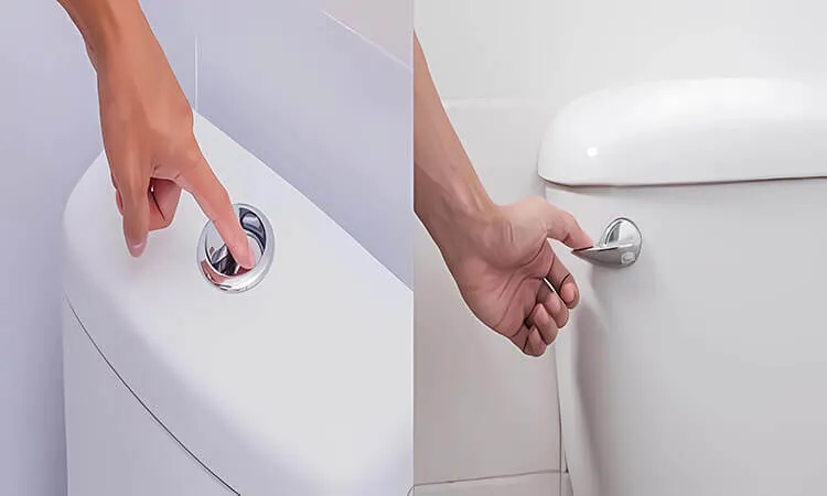 Close-up detail comparing the mechanisms of single and dual flush toilet systems.