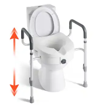 Close-up of a hand tightening the locking mechanism on an elevated toilet seat.