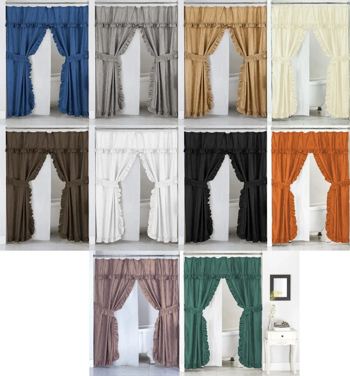 Close up of PEVA and fabric shower curtain liners hanging on a rod.