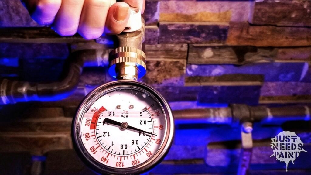 A close-up of a professional water pressure gauge installed on a home spigot.