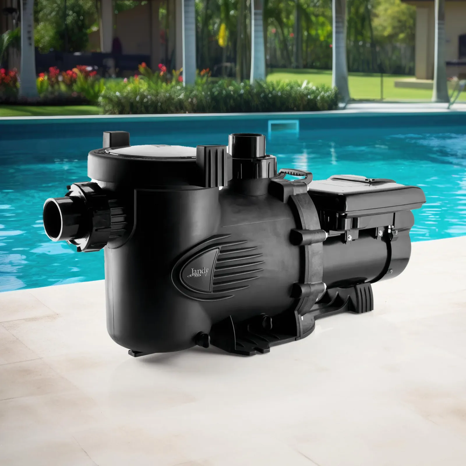 Close up of a professionally installed Jandy pool pump with secure piping.