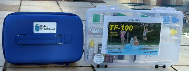 Close-up view of Taylor TF 100 and TF Pro kits showing different reagent bottle sizes
