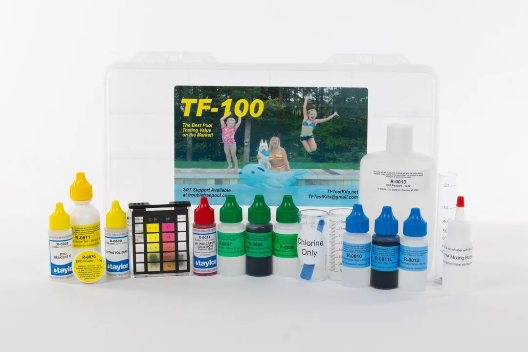Cloudy reagent solution in a test bottle indicating contamination during pool water testing