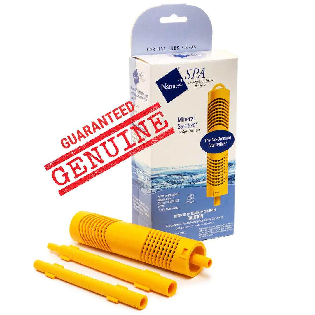 Cloudy spa water sample next to a filter and shock treatment to resolve filtration issues.