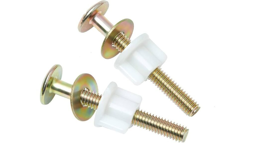 A collection of high-quality toilet seat hinges and mounting hardware on porcelain.