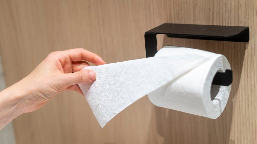 A collection of modern toilet paper holders displayed on a clean bathroom vanity.