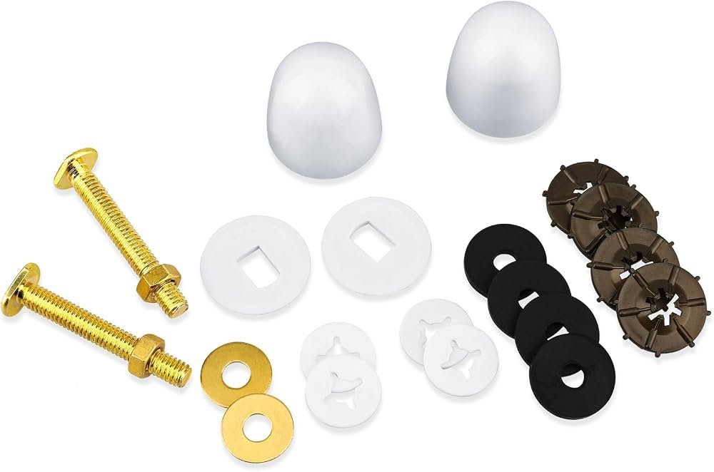 A collection of premium toilet bolt caps and stainless steel hardware kits displayed.