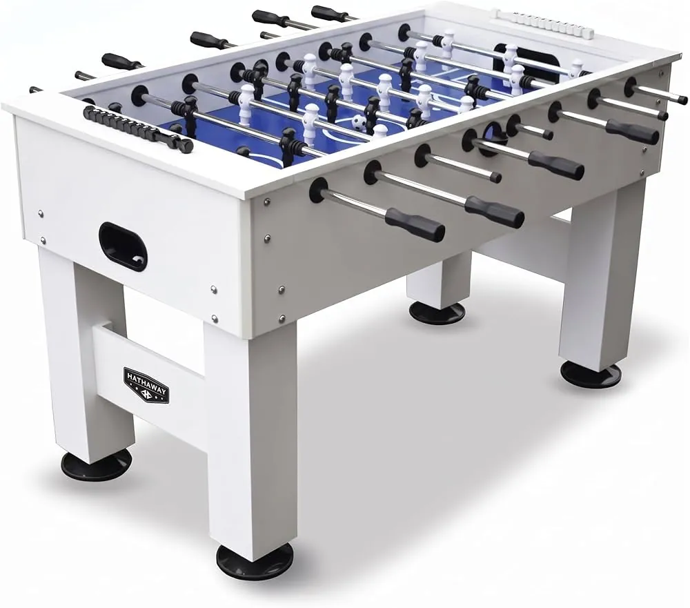 A compact Hathaway Regent foosball table fits under a dining chair.