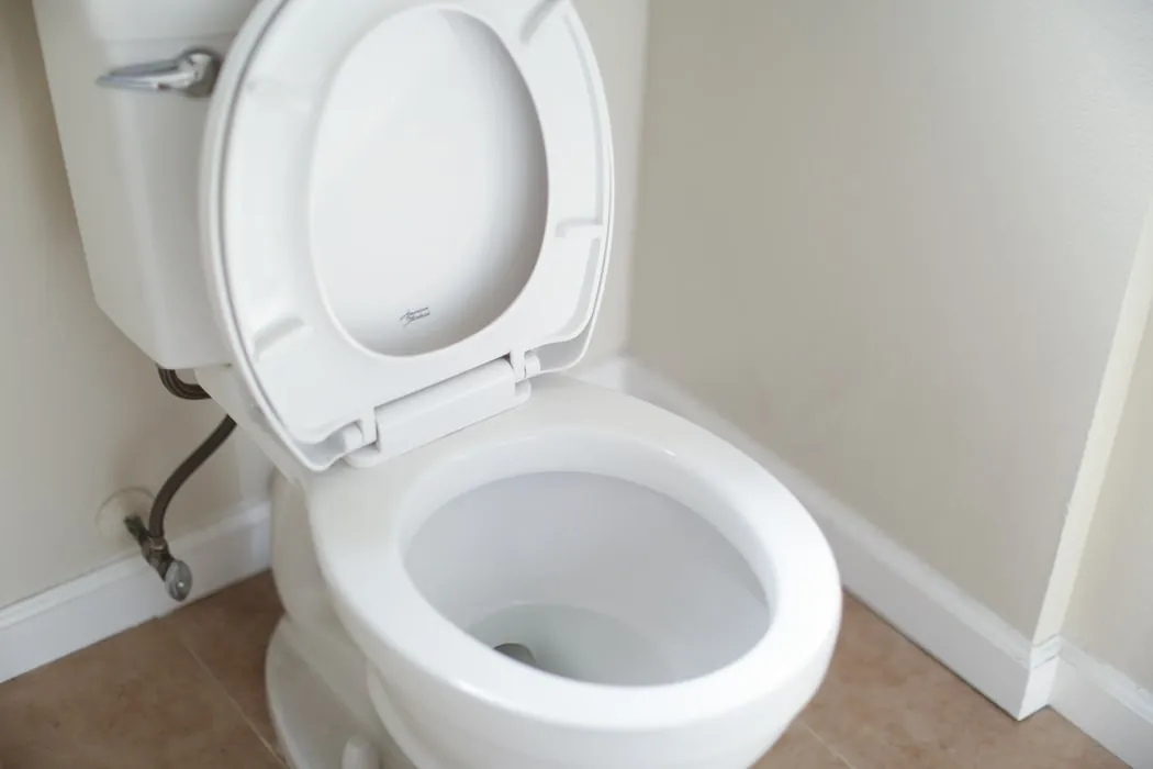 A compact round toilet installed in a small, modern powder room space.