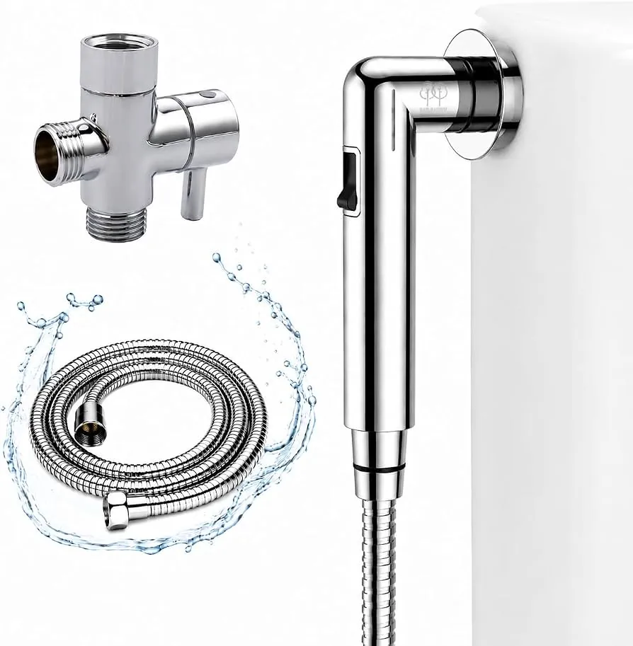 Comparing a durable brass bidet sprayer with a plastic model in a bathroom.