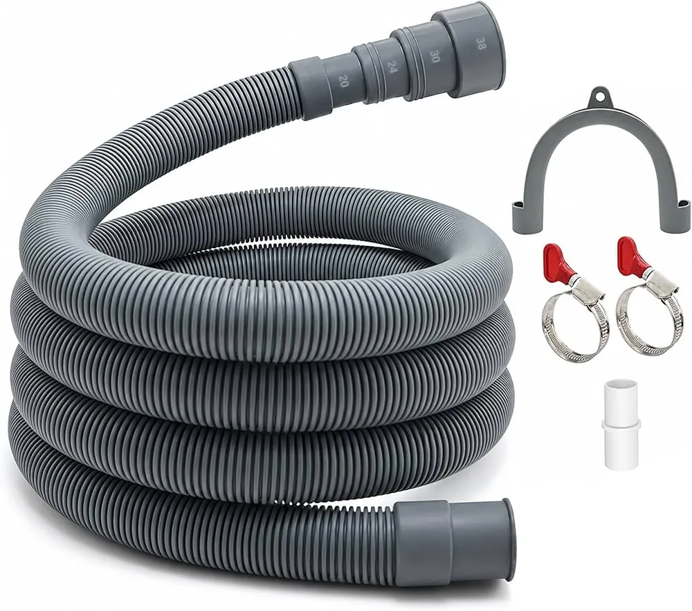 Comparing rubber and braided stainless steel washing machine supply lines on a wooden workbench.