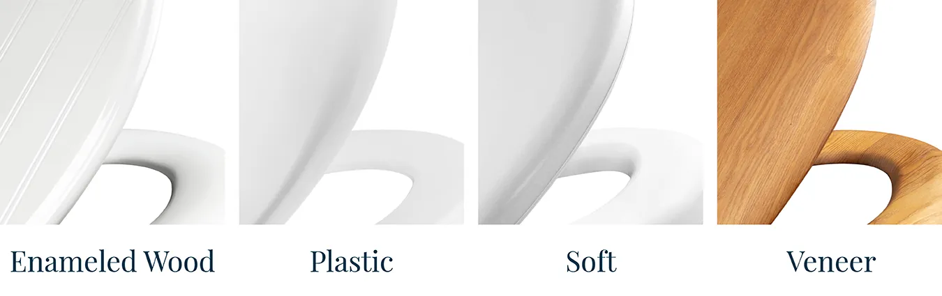 Comparing the surface textures of a plastic toilet seat and a wooden seat.