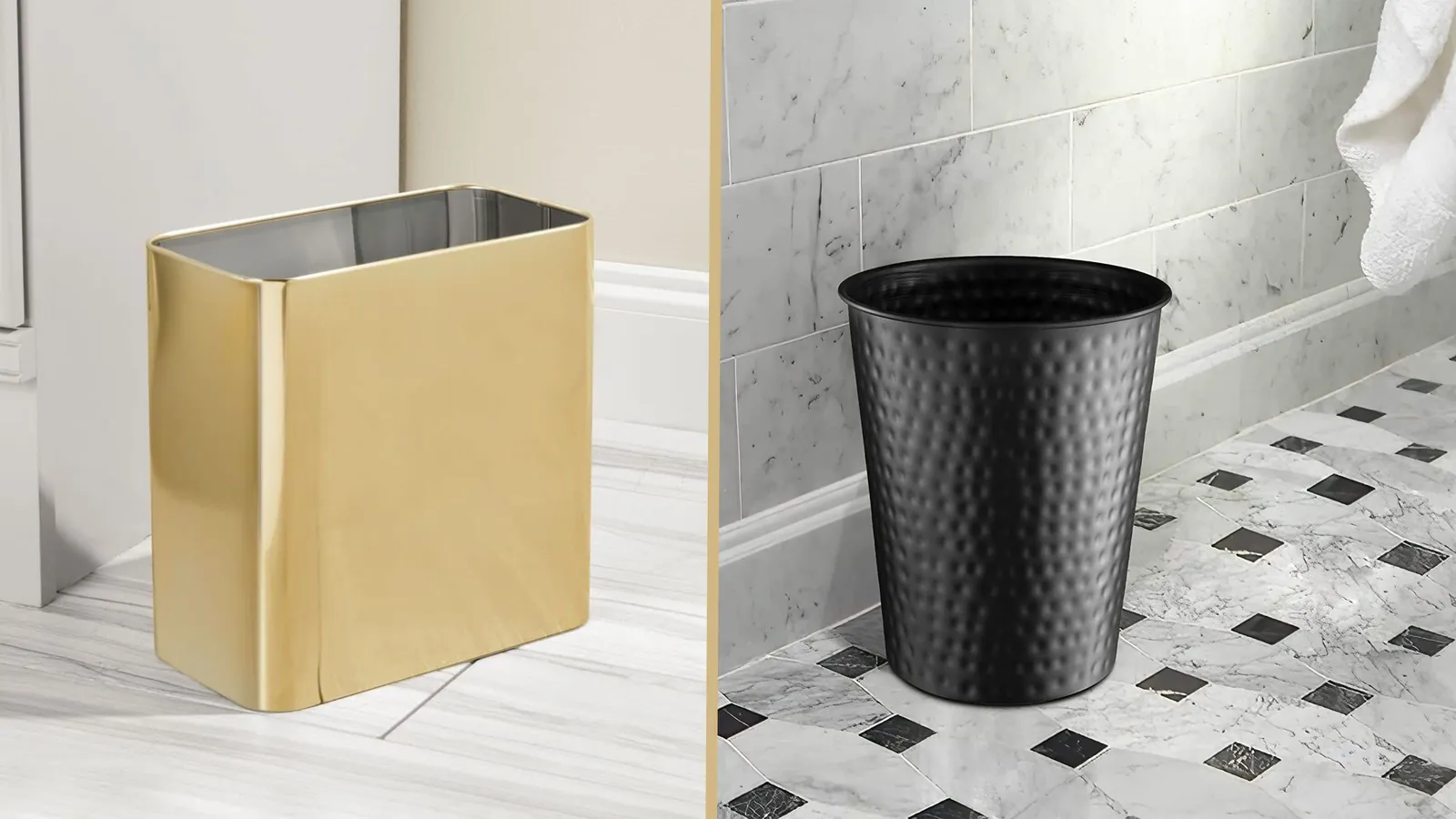 Comparing two premium stainless steel step-cans in a modern bathroom environment.