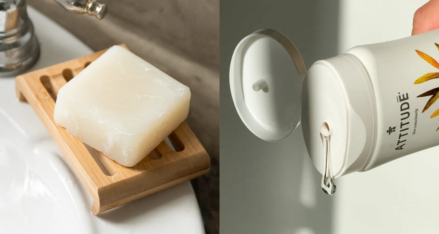 Comparing the use of a liquid soap dispenser and bar soap.