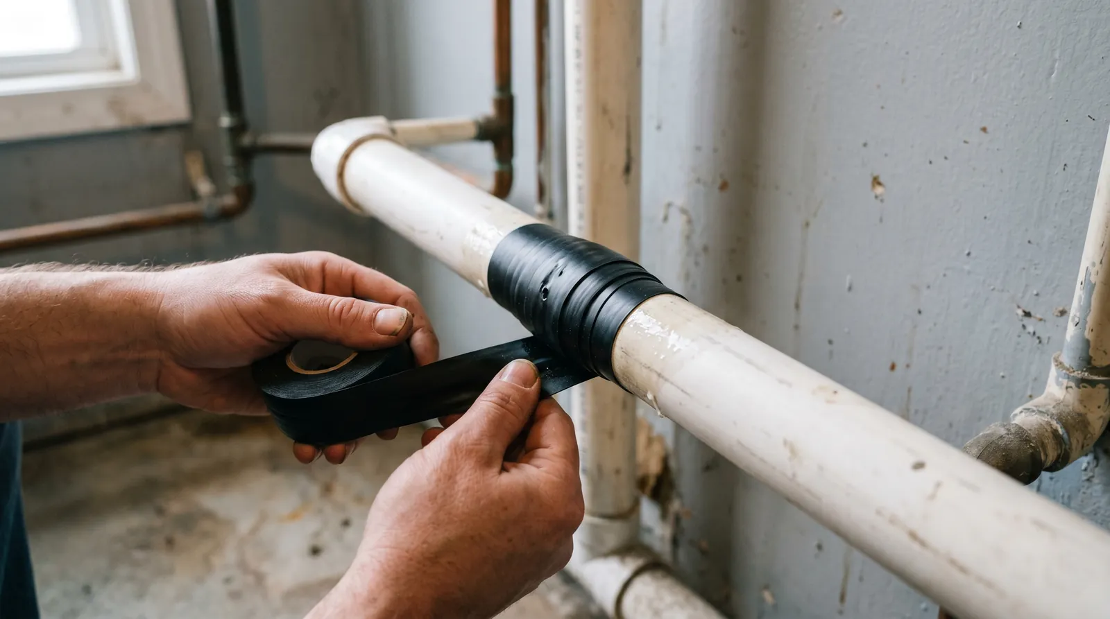 A comparison between a metal repair clamp and epoxy on a copper pipe.