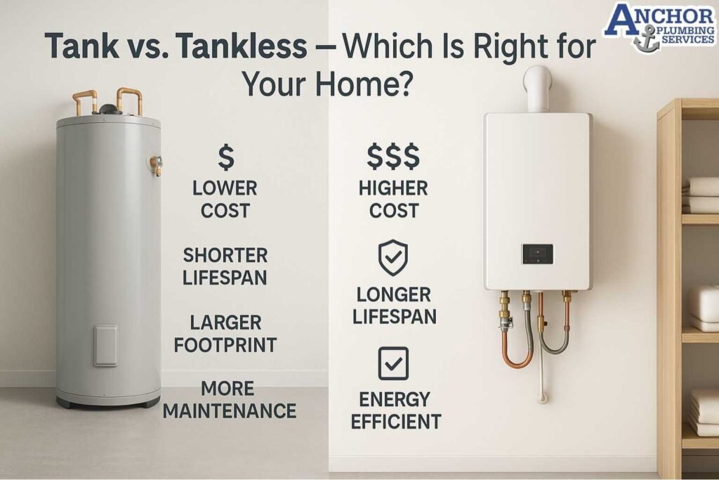 A comparison between a modern tankless water heater and a traditional tank system.