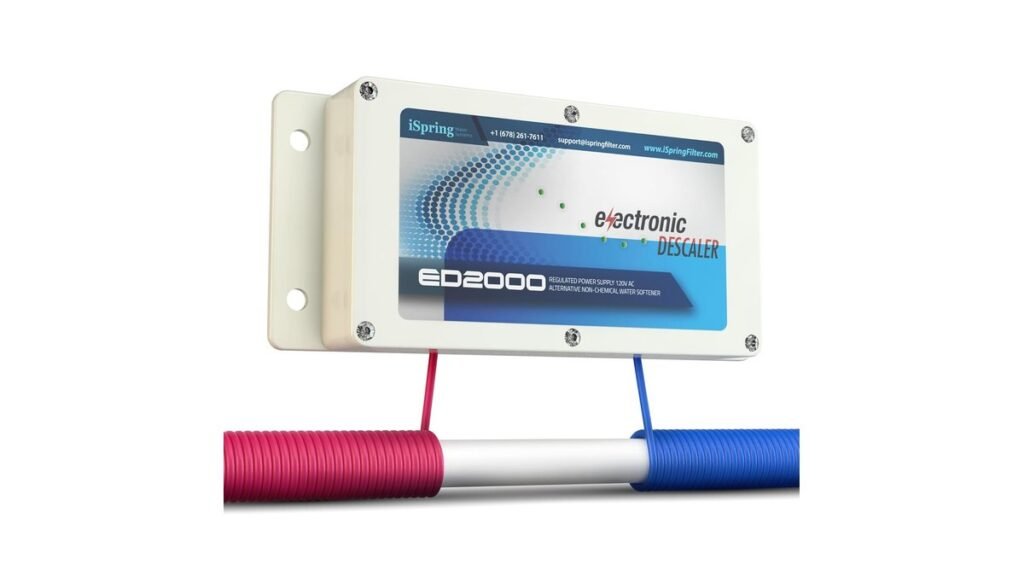 A comparison between a salt-based water softener and an electronic descaler system.