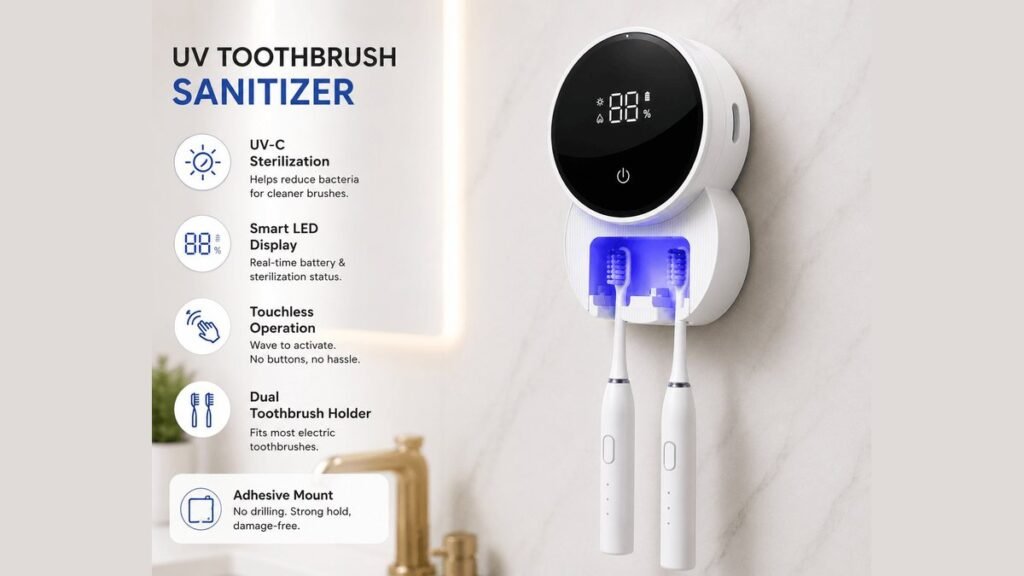 A comparison between traditional toothbrush holders and a modern UV sanitizing travel case.