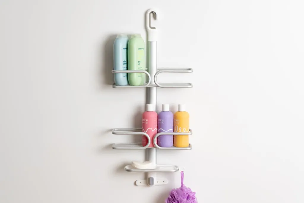 A comparison chart for shower caddies sits beside different mounting hardware examples.