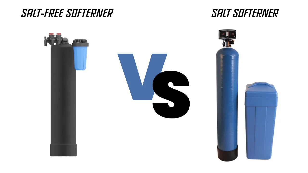 A comparison chart and water softening equipment laid out on a clean wooden workbench.