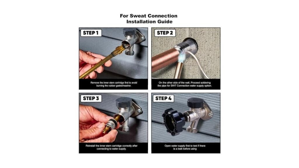 A comparison of a frost-free faucet and a standard outdoor faucet on brick.