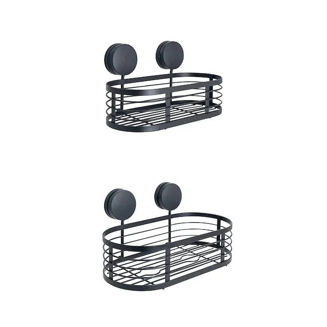 Comparison of a hanging shower caddy and a corner shower shelf in bathrooms.