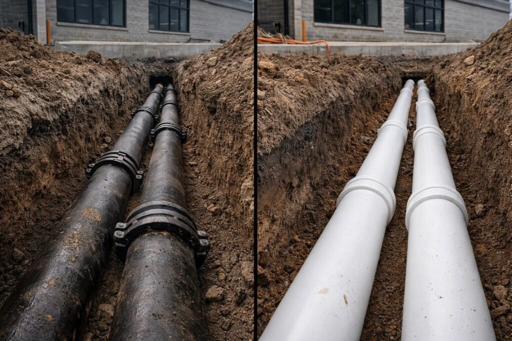 Comparison of heavy cast iron and smooth white PVC drain pipes for residential plumbing.