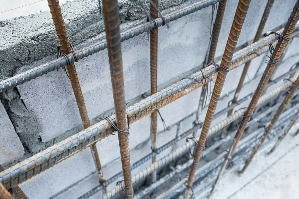 Construction worker comparing fast steel framing installation against slower concrete pouring process