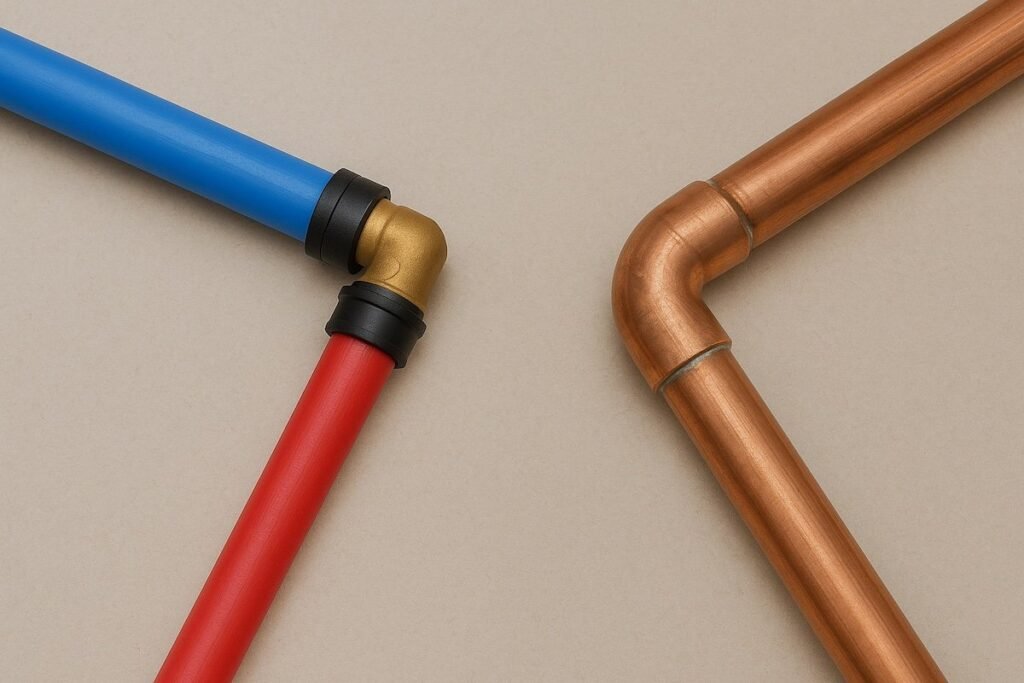 A copper pipe and a PEX pipe displayed together for a plumbing comparison.