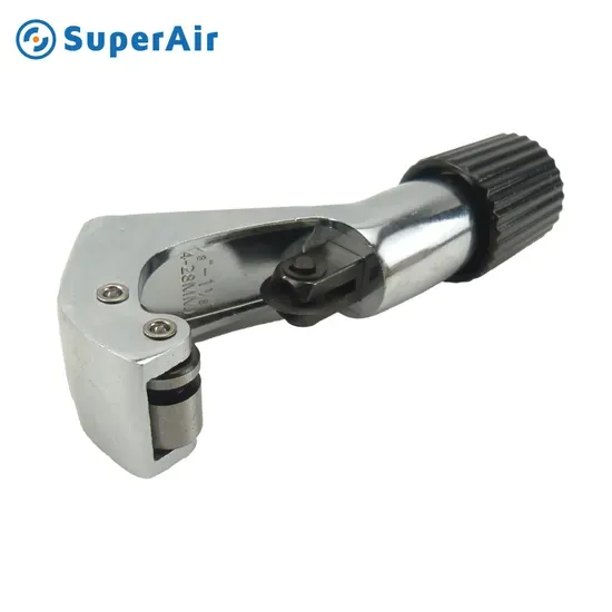 A copper tubing cutter being properly seated on a pipe to prevent slipping.