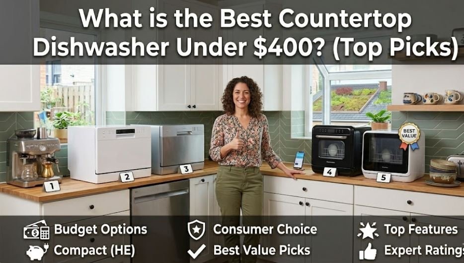 Countertop dishwasher on a modern kitchen counter with soft light and natural surroundings