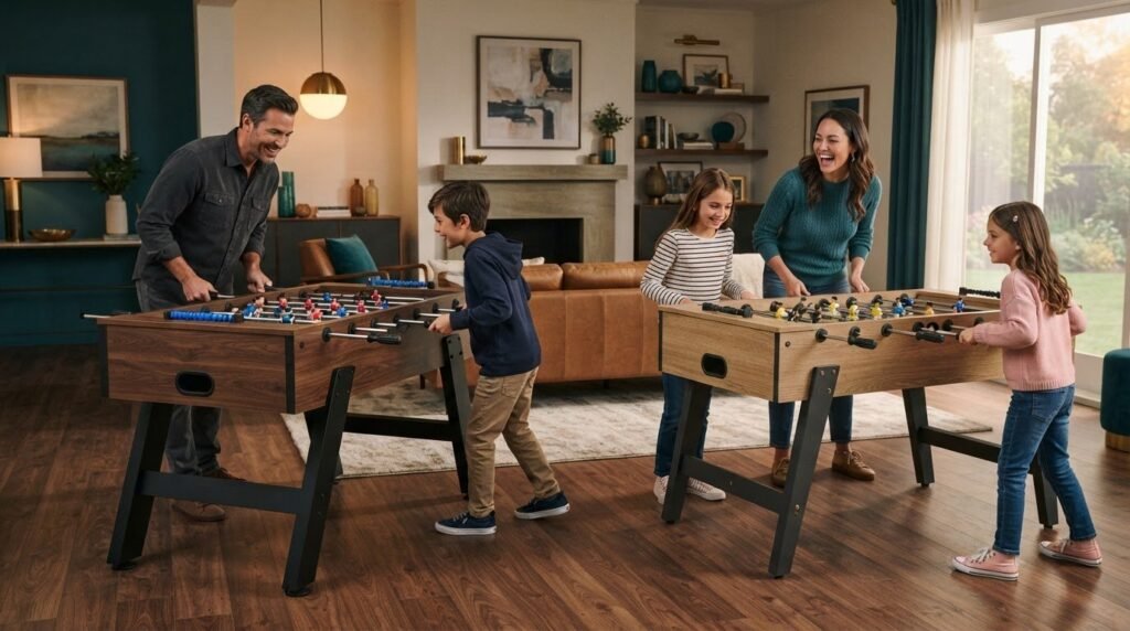 Crisp foosball table in a bright modern sports lounge