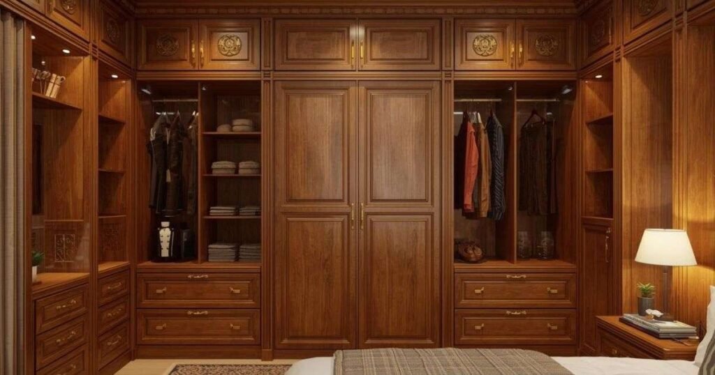 Custom wooden shelving and drawers inside a modern walk-in closet design.