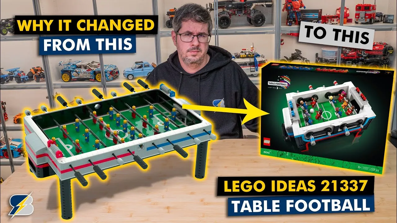 Detailed close-up of lego foosball player figures attached to rotating rods.